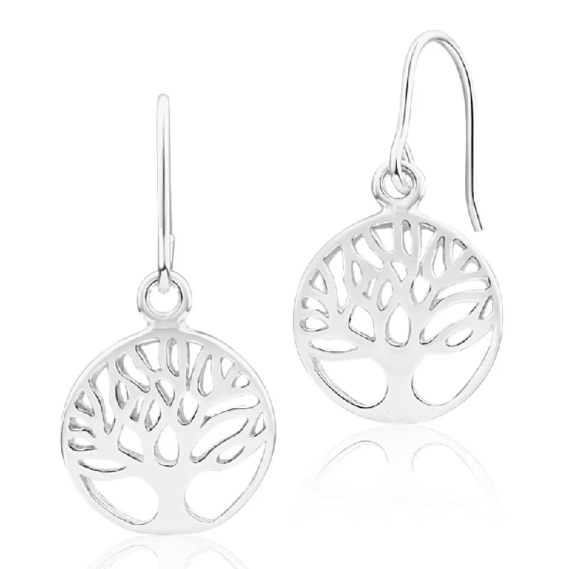 Large Hoop Earrings For Women-Sterling Silver Tree of Life Round Drop Earrings