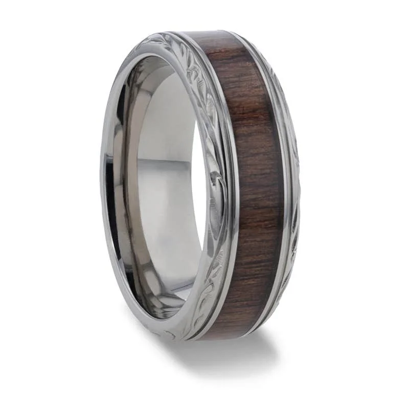 Beautiful Gemstone Rings For Everyday Glam-Thorsten ROSENTRA Rosewood Inlay with Detailed Beveled Edges Titanium Polished Wedding Ring - 8mm