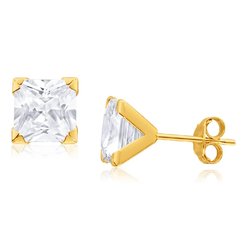 Colorful Drop Earrings For Bright Fashion-9ct Yellow Gold Cubic Zirconia 7mm Princess Cut Stud Earrings