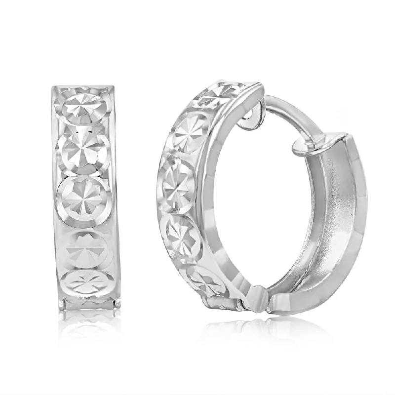 Cute Heart Earrings For Love Gifts-9ct White Gold 10mm Huggie Hoop Earrings with diamond cutting features