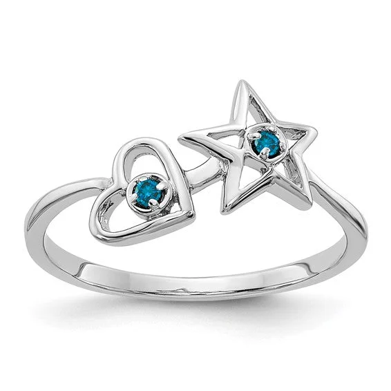 Elegant Bridal Rings For Classic Glam-14k White Gold Blue Diamond Heart and Star Ring