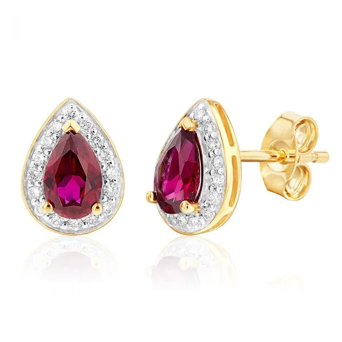 Popular Earrings For Fashion Trends-9ct Yellow Gold Created Ruby and Diamond Pear Halo Stud Earrings