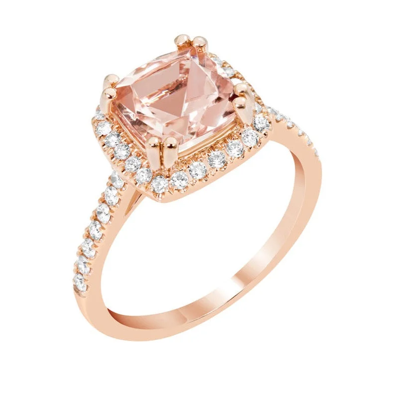 Customizable Engagement Rings For Special Proposals-14k Rose Gold 8mm Princess Cushion Morganite & Diamond Halo Ring