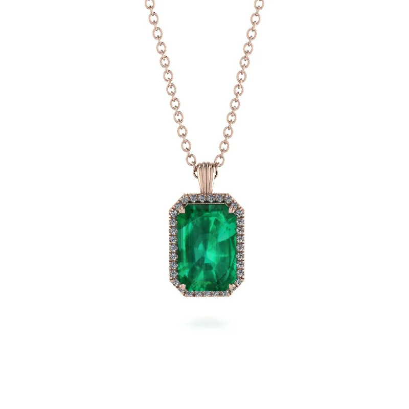 Halo Emerald Cut Emerald Necklace - Izabella No. 5