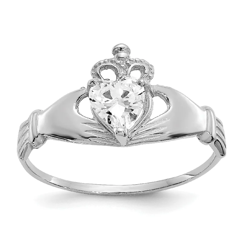 Custom Name Rings For Personalized Fashion-14k White Gold April Clear CZ Heart Claddagh Ring