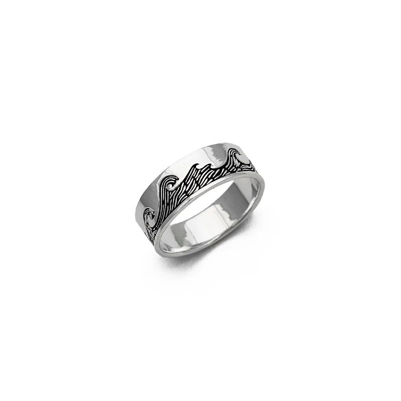 Elegant Wedding Bands For Bride and Groom-Great Wave Carved Band (Silver)