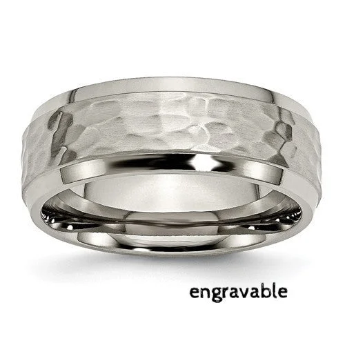 Trendy Infinity Rings For Meaningful Symbols-Titanium 8mm Beveled Edge, Hammered And Polished Band