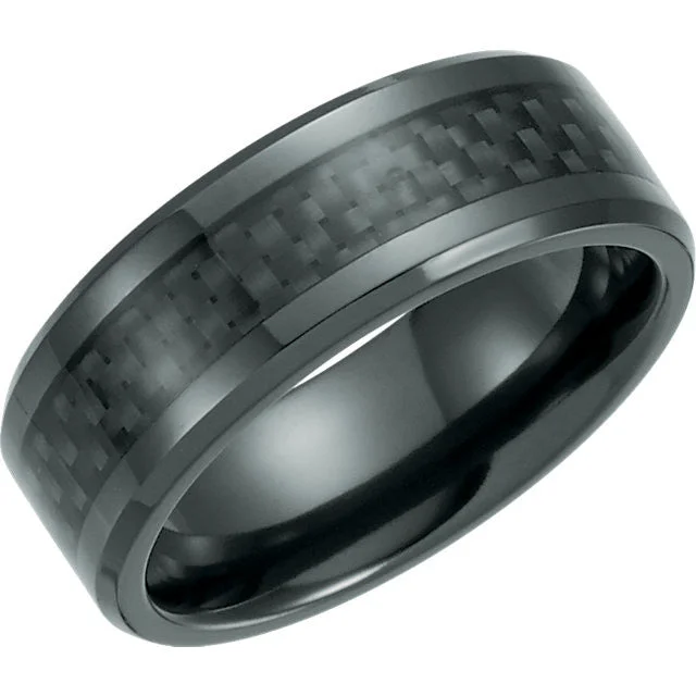 Personalized Engagement Rings For Custom Proposals-Black Titanium 8mm Beveled Band with Black Carbon Fiber Inlay