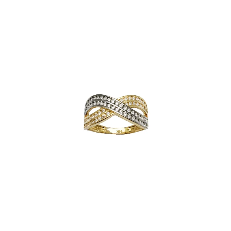 Dainty Gold Rings For Subtle Elegance-Two-Tone Channeled Stone Criss Cross Ring（14K）