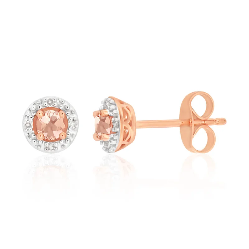 Shiny Gold Earrings For Chic Glam-9ct Rose Gold Morganite and Diamond Halo Stud Earrings