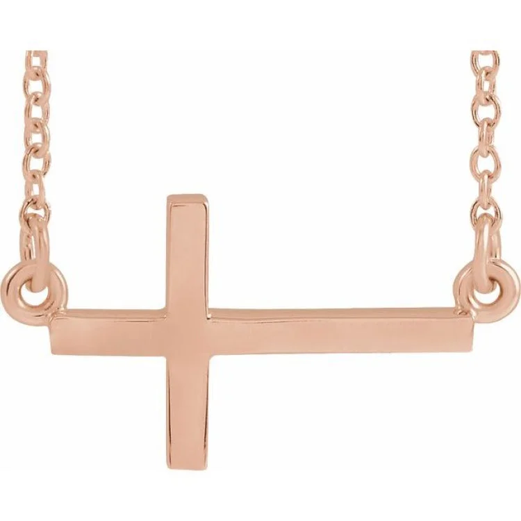 14K Rose 17x9 mm Sideways Cross 16-18" Necklace