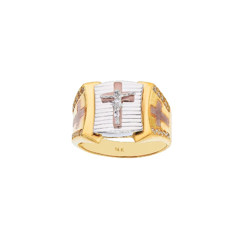 Simple Wedding Rings For Elegant Couples-Tri-Color Crucifix & Cross Ring (14K)