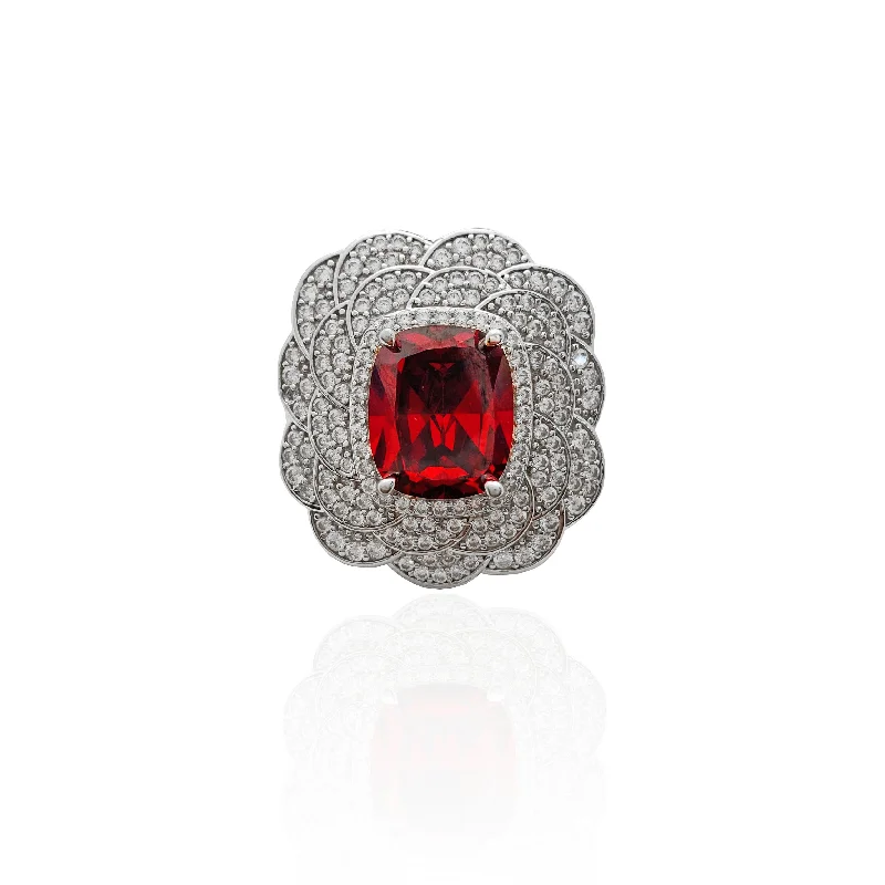 Affordable Gemstone Rings For Fashion Lovers-Flower Red Center Stone CZ Ring (Silver).