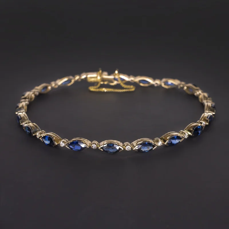 Trendy Beaded Friendship Bracelets For Casual Looks-SAPPHIRE DIAMOND TENNIS BRACELET 7.25ct NATURAL BLUE MARQUISE 14k YELLOW GOLD