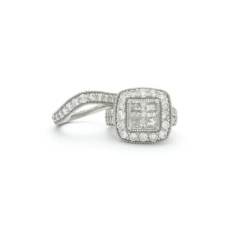 Gorgeous Platinum Rings For Elegant Wear-Square Princess & Round Diamond Two-pieces Ring (14K)