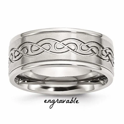 Beautiful Wedding Rings For Bridal Fashion-Stainless Steel Scroll Design 9mm Brushed & Polished Ridged Edge Band