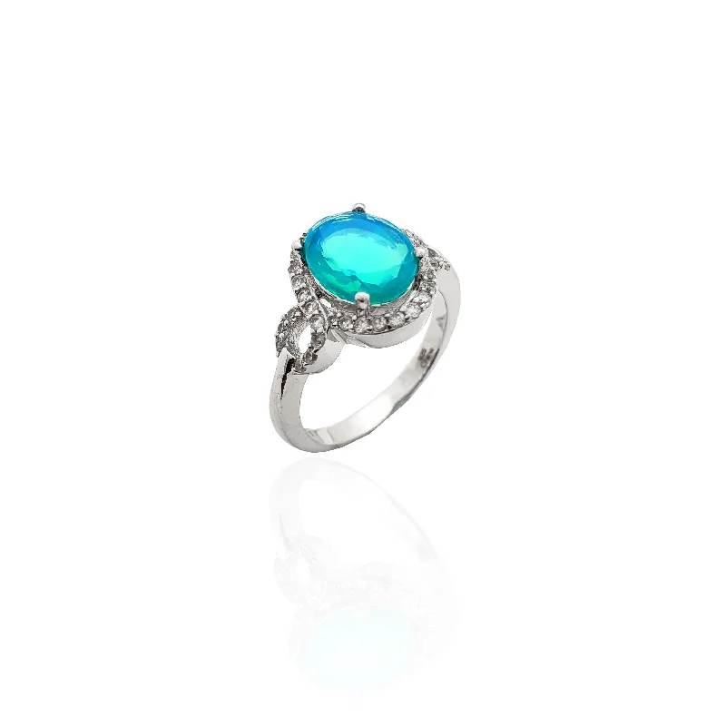 Luxury Rings For Special Occasions-Oval Aquamarine Halo CZ Ring (Silver).