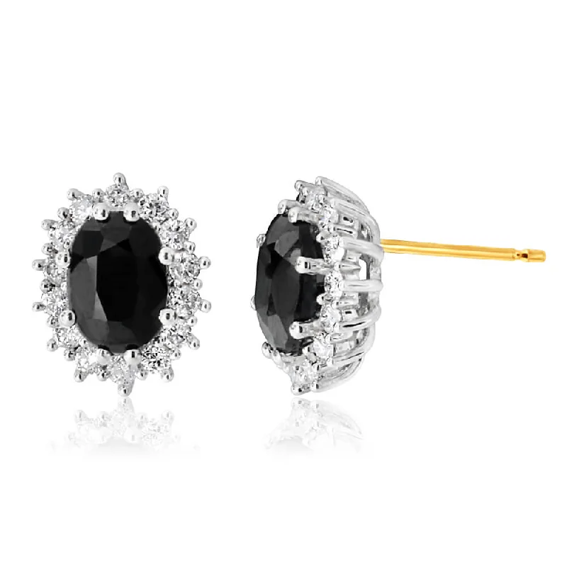 Eco-friendly Earrings For Sustainable Fashion-9ct Yellow Gold 7x5mm Oval Cut Natural Sapphire and 0.42 Carat Diamond Stud Earrings