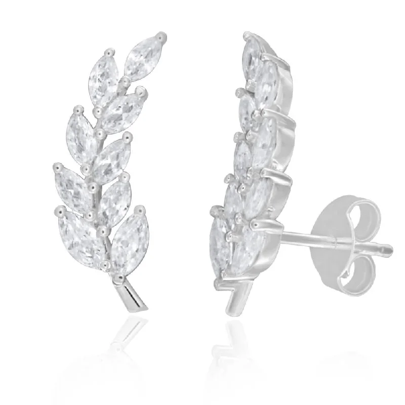 Summer Earrings For Beach Vibes-Sterling Silver Cubic Zirconia Fancy Leaf Ear Curve Stud Earrings