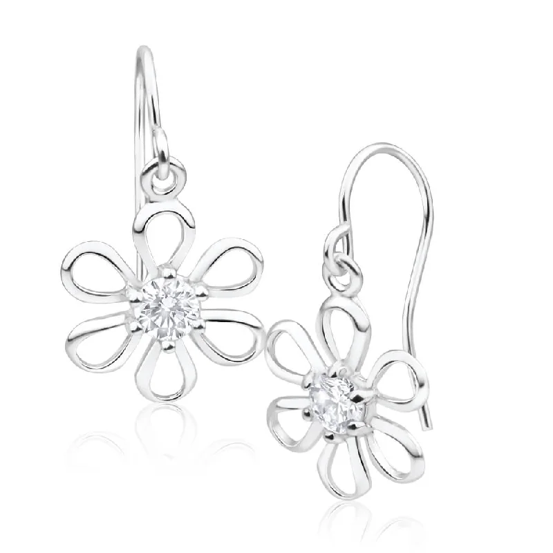 Summer Jewelry Earrings For Beach Days-Sterling Silver Cubic Zirconia Cut-out Flower Drop Earrings