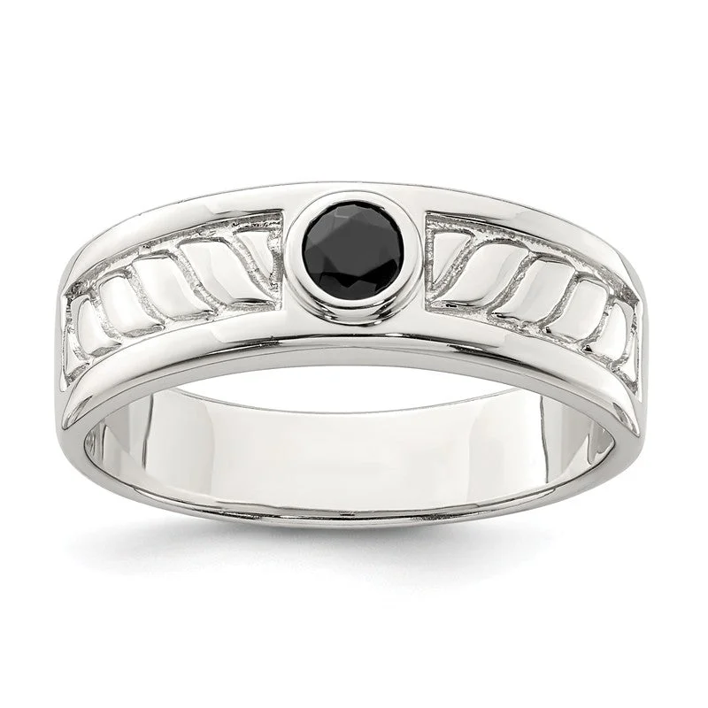 Classic Platinum Rings For Timeless Appeal-Sterling Silver Men's Bezel Onyx Textured Band Ring