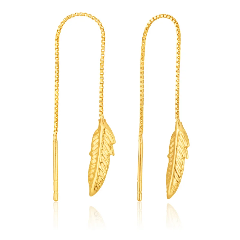 Silver Ear Climbers For Unique Looks-9ct Yellow Gold Leaf Threader Earrings