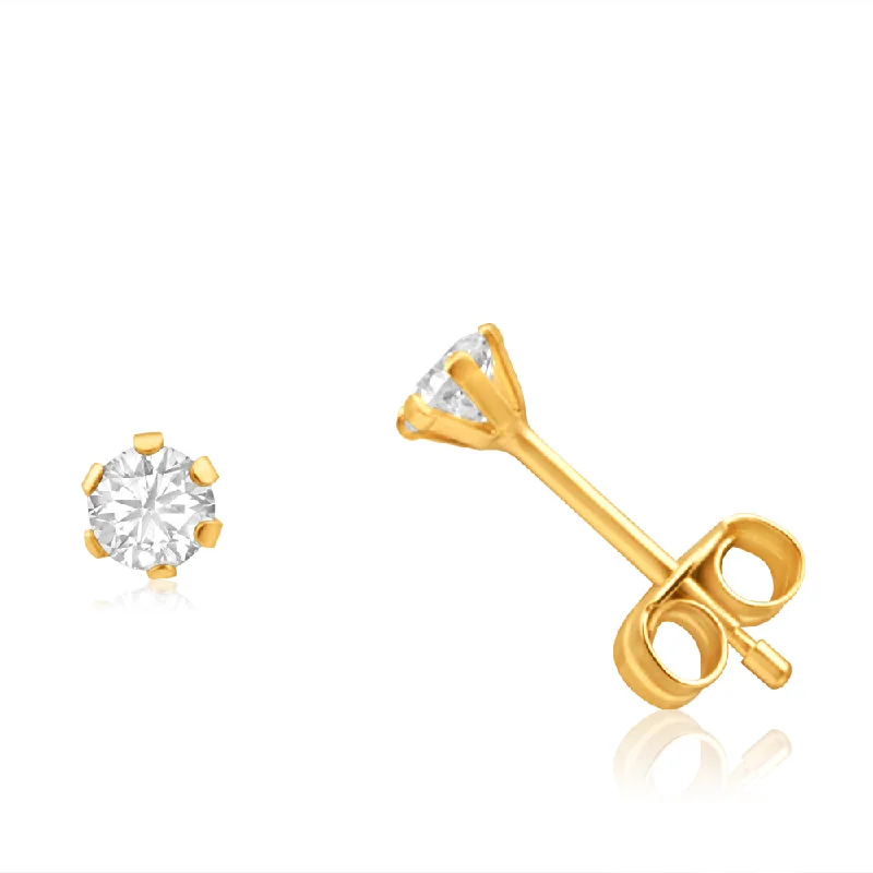 Silver Crystal Earrings For Night Glam-9ct Yellow Gold Cubic Zirconia 3mm 6 Claw Stud Earrings