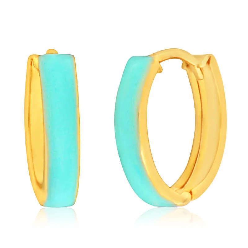 Precious Stone Earrings For Elegant Style-9ct Yellow Gold Silver Filled Turquoise colour Enamel Hoop Earrings