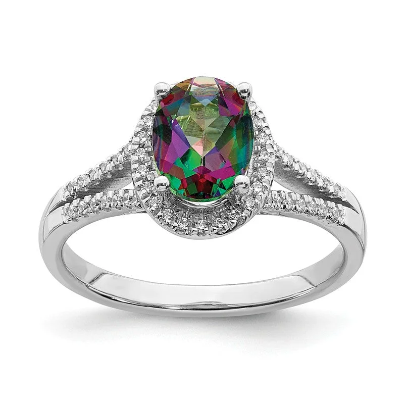 Unique Platinum Rings For Elegant Fashion-14k White Gold Oval Mystic Fire Topaz Diamond Halo Double Shank Engagement Ring