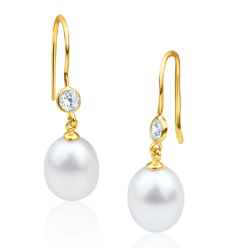 Simple Earrings For Minimalist Style-9ct Alluring Yellow Gold Freshwater Pearl and Cubic Zirconia Drop Earrings