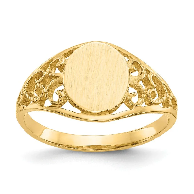 Unique Stackable Rings For Bold Fashion Choices-14k Yellow Gold Oval With Lightweight Filigree Band Signet Ring (Ladies Sizes)