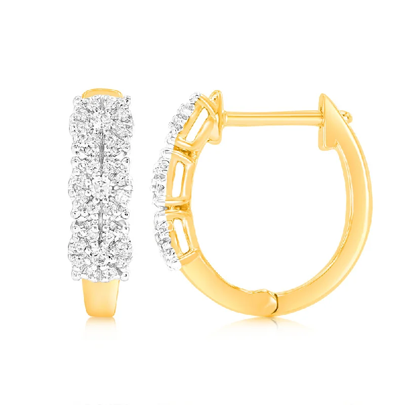 Small Dangle Earrings For Casual Looks-9ct Yellow Gold 1/10 Carat Diamond Hoop Earrings set with 54 Round Brilliant Cut Diamonds