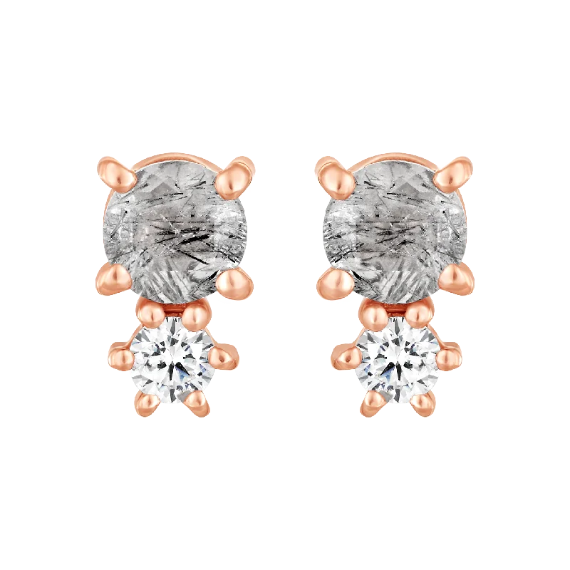 Trendy Hoop Earrings For Women-Rose Gold Rutilated Quartz and Topaz Doublet Studs