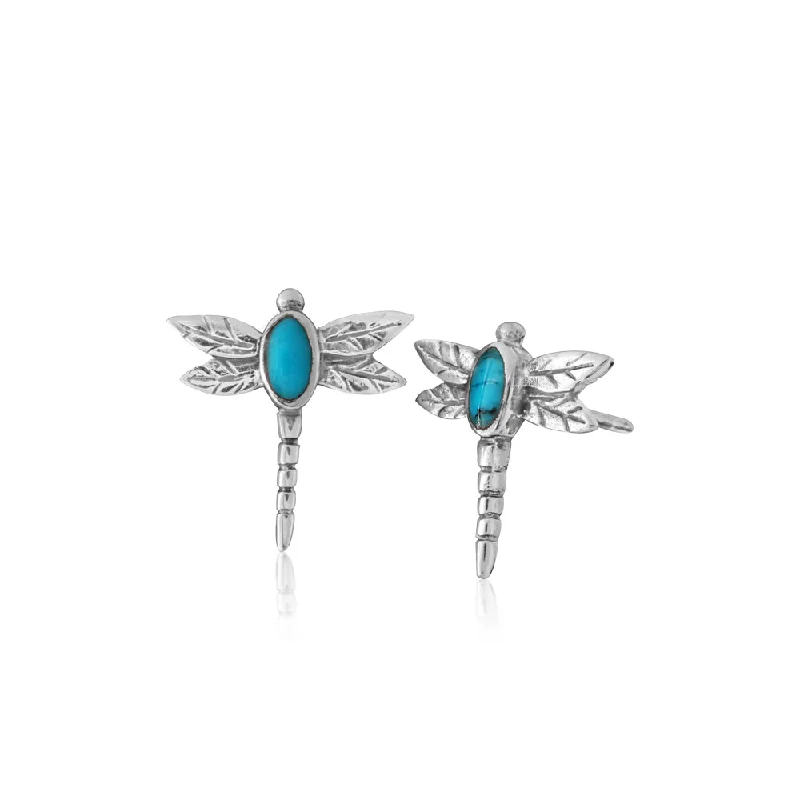 Trendy Hoop Earrings For Women-Sterling Silver Created Turquoise Dragonfly Stud Earrings