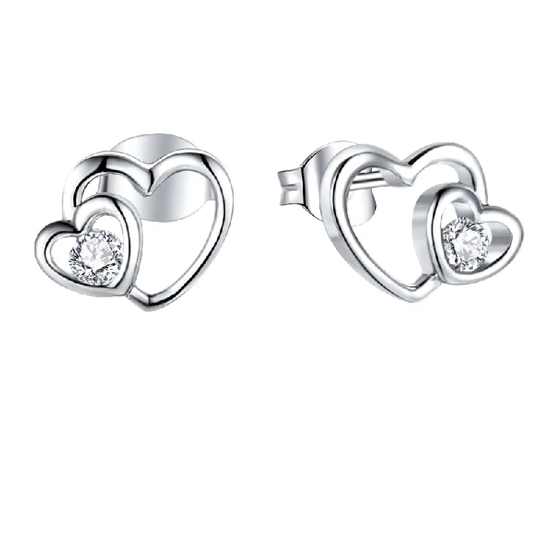 Beautiful Crystal Earrings For Special Moments-Sterling Silver Zirconia Double Heart Stud Earrings