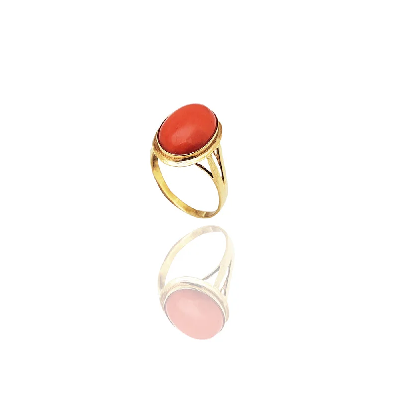 Classic Solitaire Rings For Engagement-Ultra-Light Oval Cabochon Coral Ring (14K)