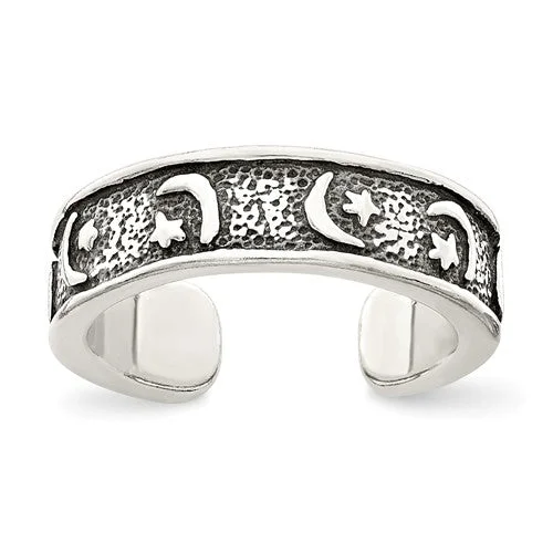 Classic Diamond Rings For Timeless Beauty-Sterling Silver Antiqued Moon & Star Toe Ring