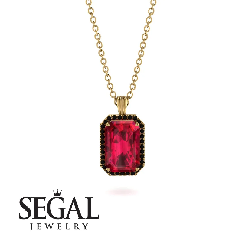 Halo Emerald Cut Ruby Necklace - Izabella No. 40