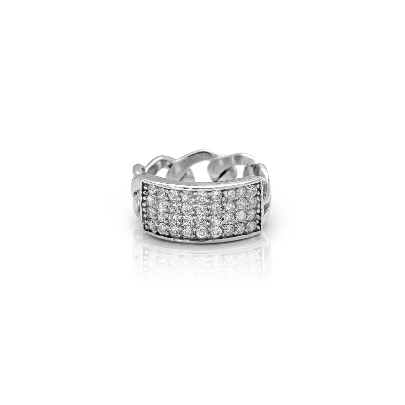 Adjustable Rings For Comfortable Wear-Iced-Out Cuban-Link Panel Ring (Silver)