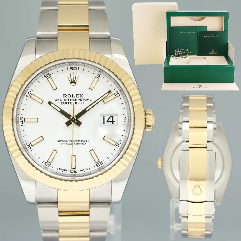 Stylish Wooden Watches For Eco-Friendly Fashion-MINT 2020 Rolex DateJust 41 126333 Two Tone Yellow Gold White Stick Watch Box