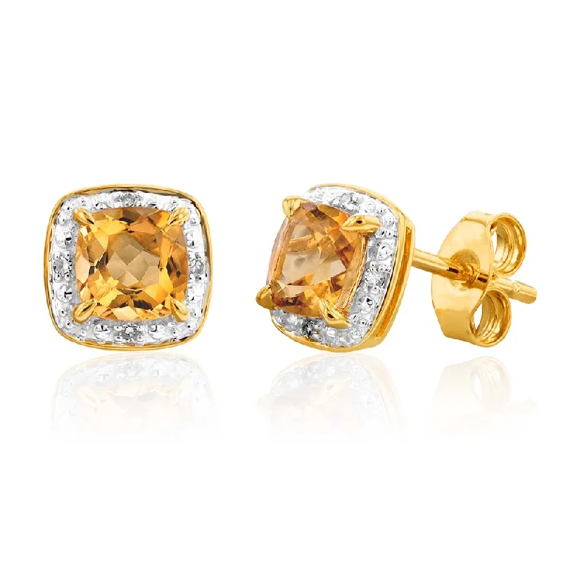 Designer Earrings For Luxury Lovers-9ct Yellow Gold 1/2ct Citrine and Diamond Cushion Cut Stud Earrings