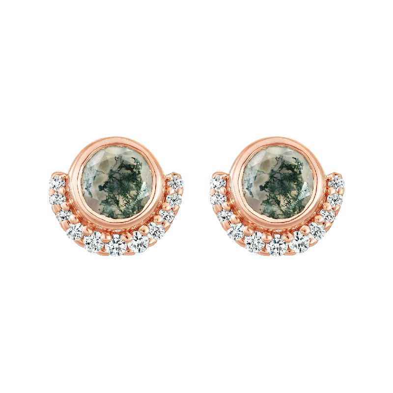 Elegant Silver Earrings For Evening Wear-Rose Gold Moss Agate and Diamond Lunar Eclipse Studs