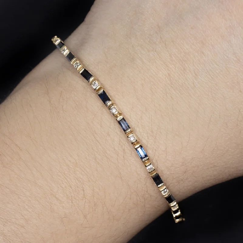 Beautiful Handmade Bracelets For Artisanal Fashion-SAPPHIRE DIAMOND TENNIS BRACELET 3.76ct NATURAL BLUE BAGUETTE 14k YELLOW GOLD