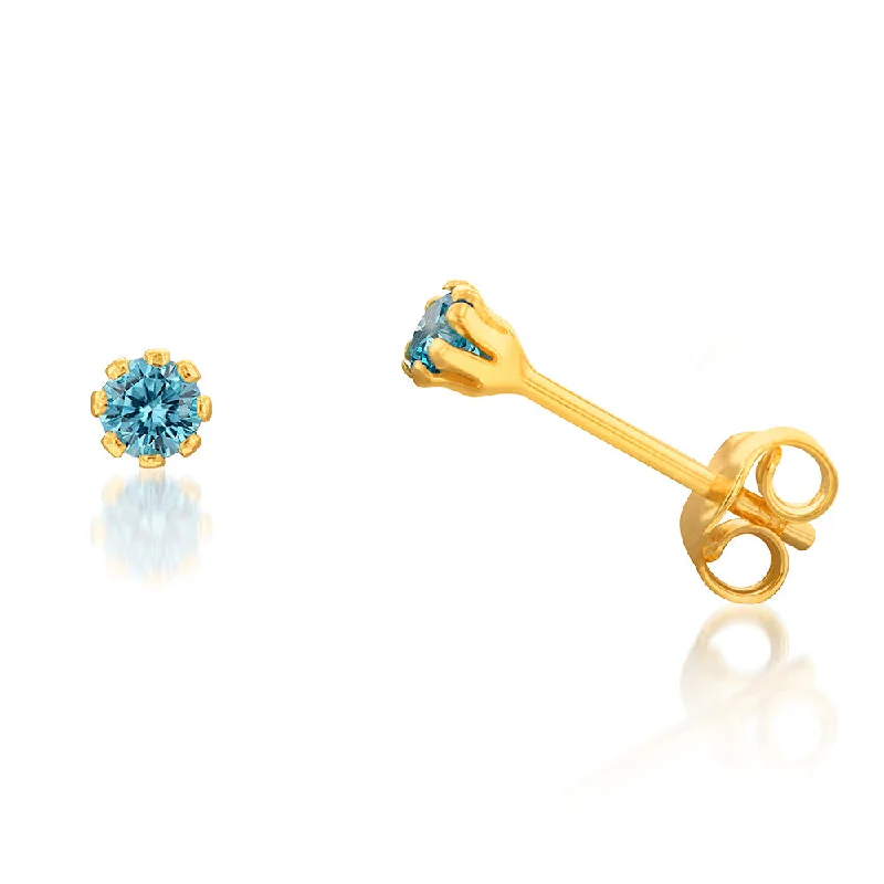 Stud Earrings For Simple Elegance-9ct Yellow Gold Silverfilled Sea Blue 3.2mm Cubic Zirconia Stud Earrings