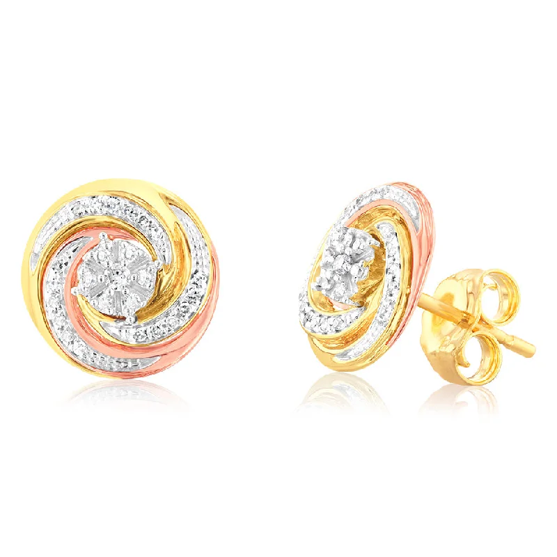 Summer Festival Earrings For Fun Looks-9ct 3-Tone 1/10 Carat Diamond Swirl Stud Earrings with 50 Round Brilliant Diamonds