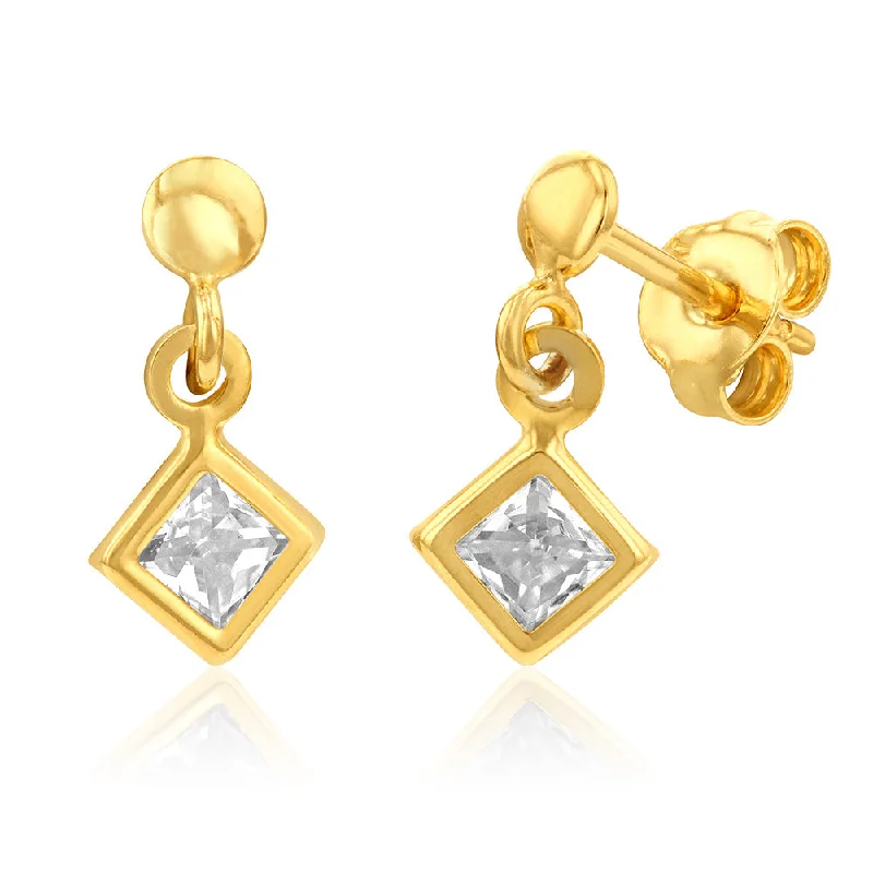 Designer Earrings For Luxury Lovers-9ct Yellow Gold Silverfilled Cubic Zirconia Diamond Shaped Drop Earrings