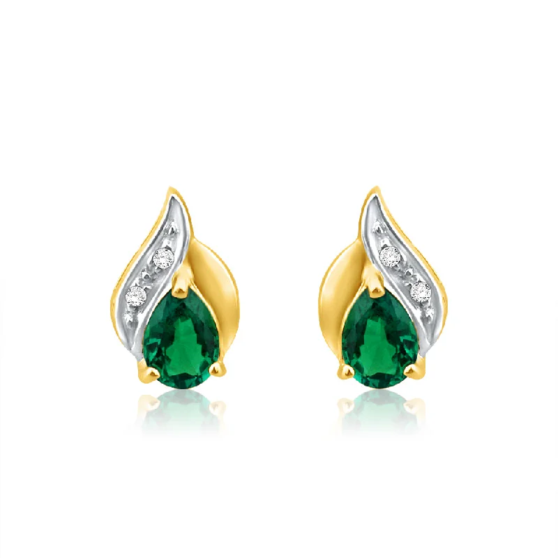 Minimalist Earrings For Daily Wear-9ct Alluring Yellow Gold Created Emerald + Diamond Stud Earrings