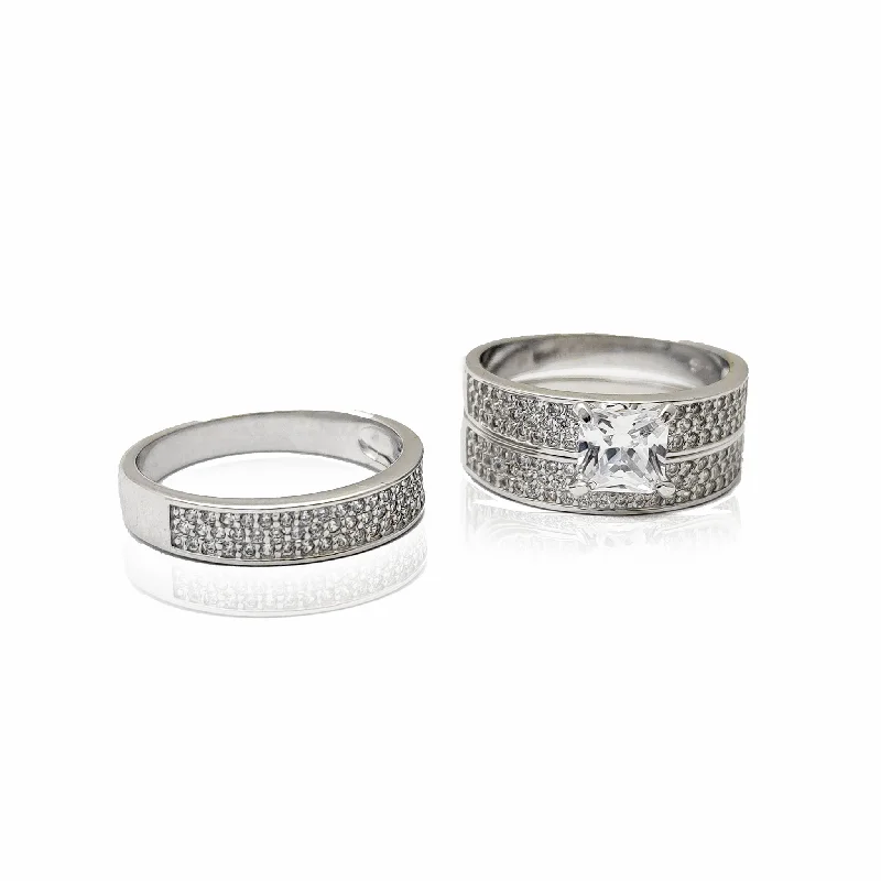 Custom Name Rings For Personalized Fashion-Pave Princess Set Three Piece Set Engagement Rings (Silver)